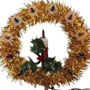 Vintage Lighted Christmas Wreath Tinsel Candle Holly Wall Hanging